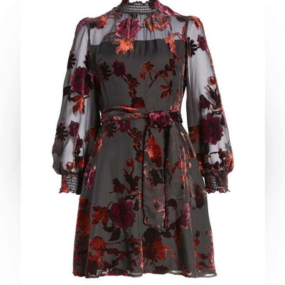 Eliza J Smoked Trim Long Sleeve velvet Burnout Elegant Floral Dress for Dining.